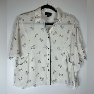 Lumiere White Sheer Shirt with Black Owl Design. Size Small. Whimsigoth.